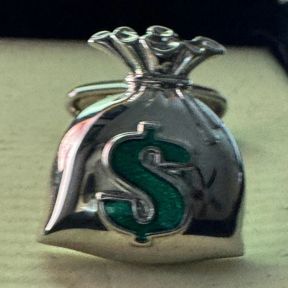 Roundtree & Yorke Silver Money Bag Cufflinks Green Dollar Sign‎